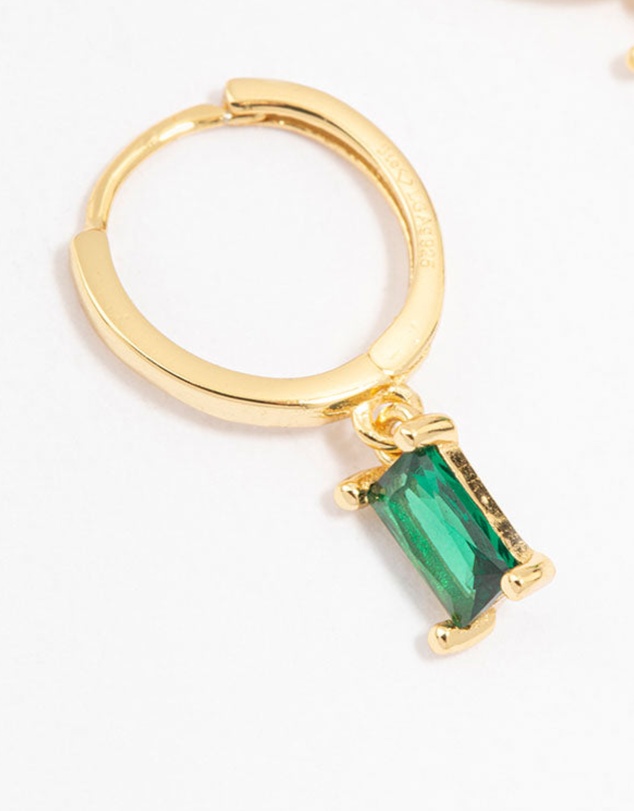 Lovisa - Gold Plated Sterling Silver Green Cubic Zirconia Baguette Hoop Earrings