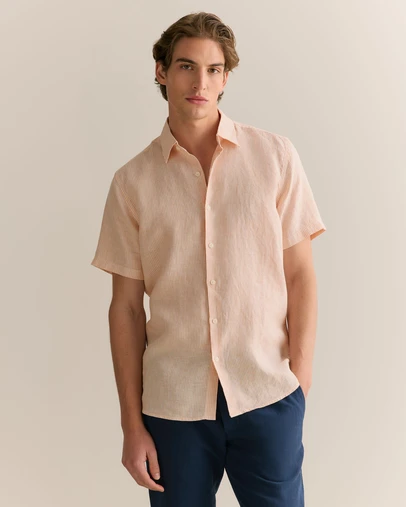 Trenery - Linen Fine Stripe Short Sleeve Shirt in Vivid Orange