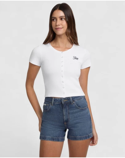 GUESS Jeans - GUESS JEANS Short Sleeve Snap Embroidered Slim Top