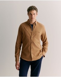 Trenery - Regular Fit Cotton Herringbone Shirt in Camel