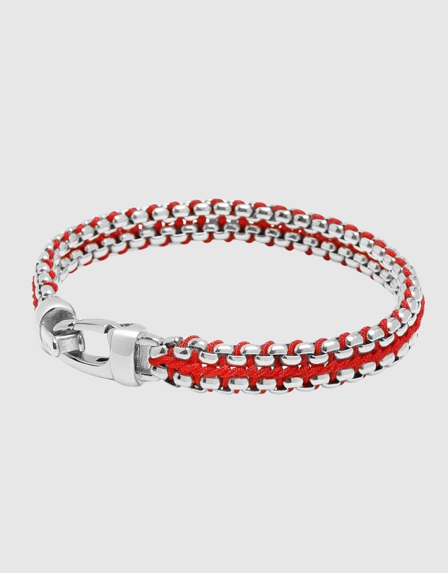 Nialaya Jewellery - Men's Red Woven 8mm Box Chain Bracelet in Silver