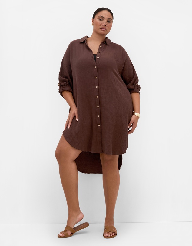 City Chic - Plus size Poolside Cover Up Midi Shirt - chocolate