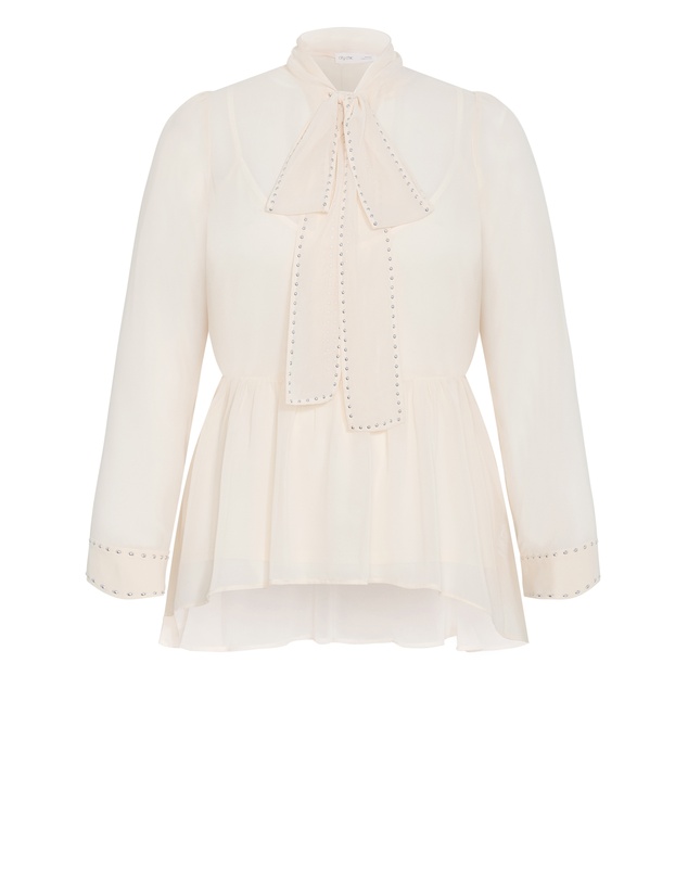 City Chic - Plus size Kara Stud Tie Neck Top - cream