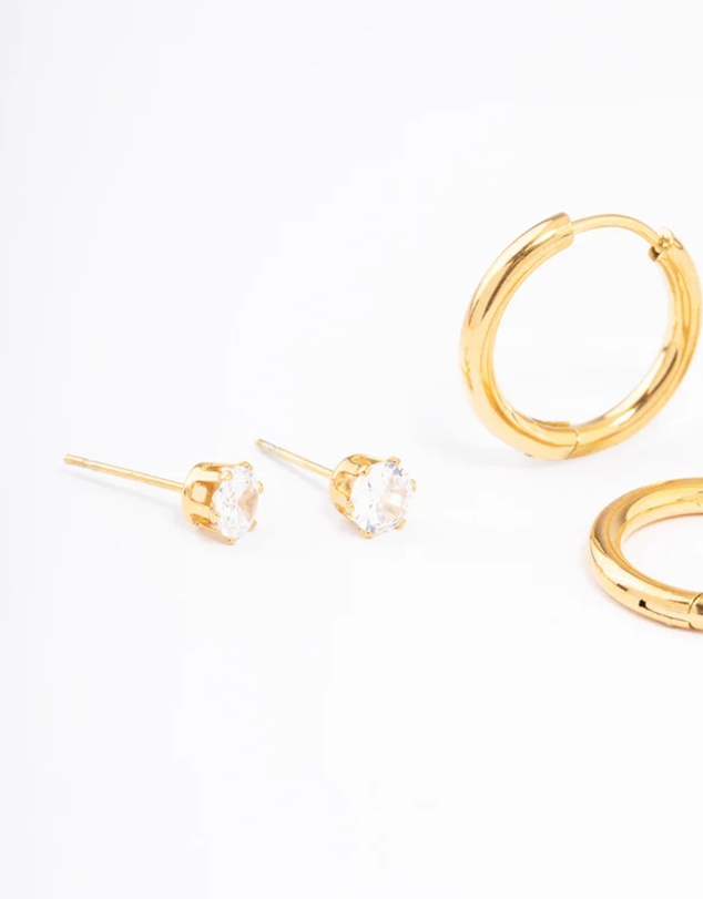 Lovisa - Waterproof Gold Plated Stainless Steel Basic Cubic Zirconia Earrings Pack