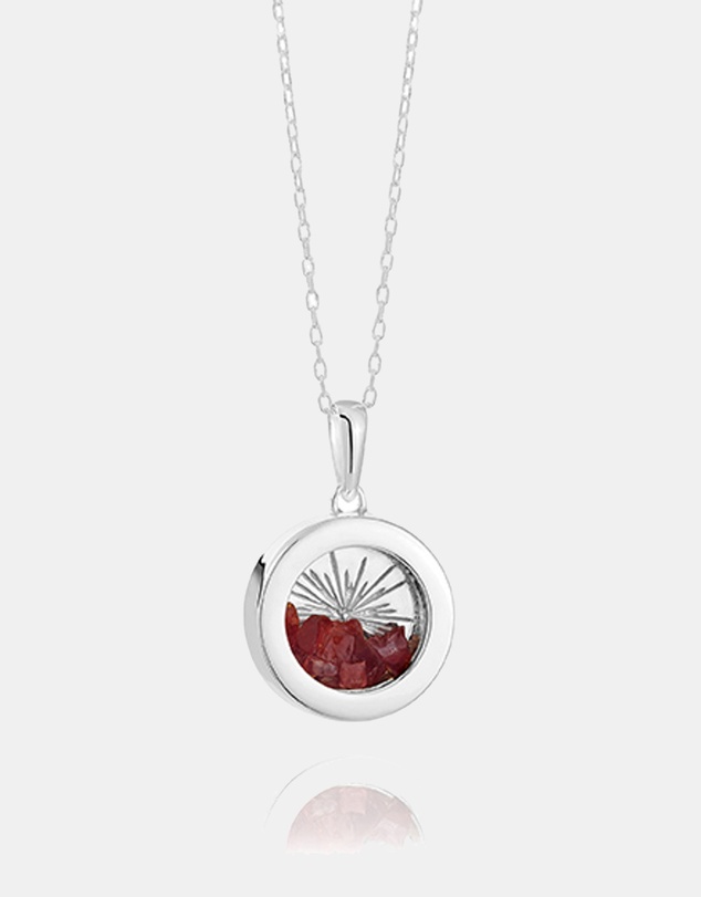 Rachel Jackson - Small Deco Sun Amulet January Birthstone Silver Garnet Necklace (Energy & Courage)