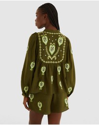 Farm Rio - Green Embroidered Blouse