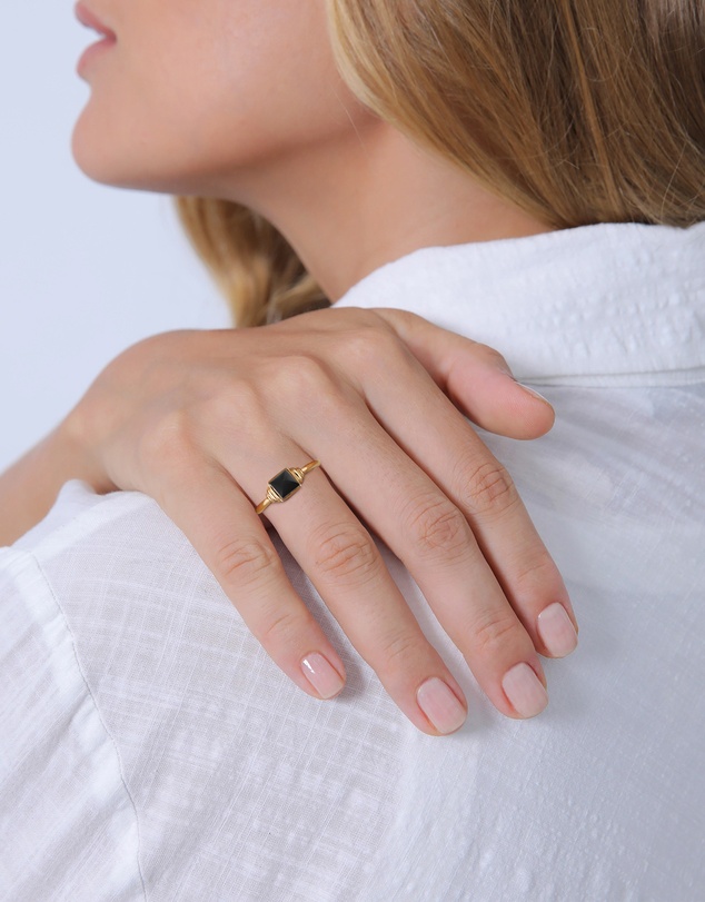 Elli Jewelry - Onyx Square Band Ring in Gold-Plated 925 Silver