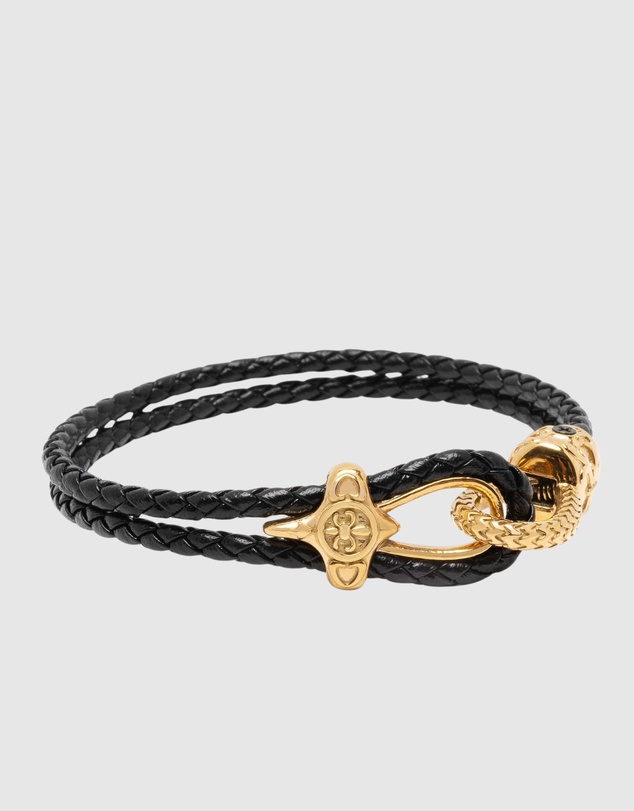 Nialaya Jewellery - Black Leather Bracelet with Gold Rope Clasp