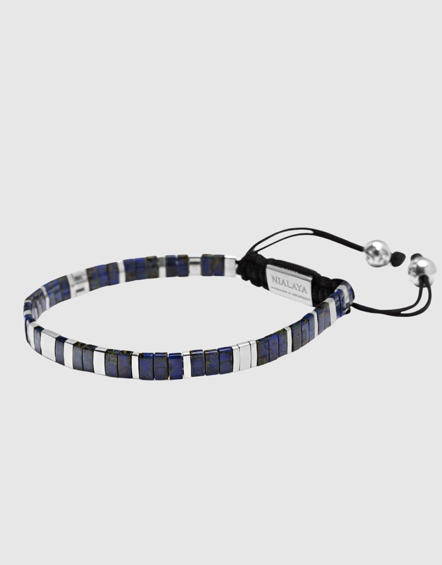 Nialaya Jewellery - Men's Bracelet with Marbled Blue and Silver Miyuki Tila Beads