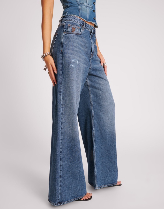 ONE TEASPOON - Love Machines Mid Waist Super Wide Leg Denim Jeans - Blue Thunder