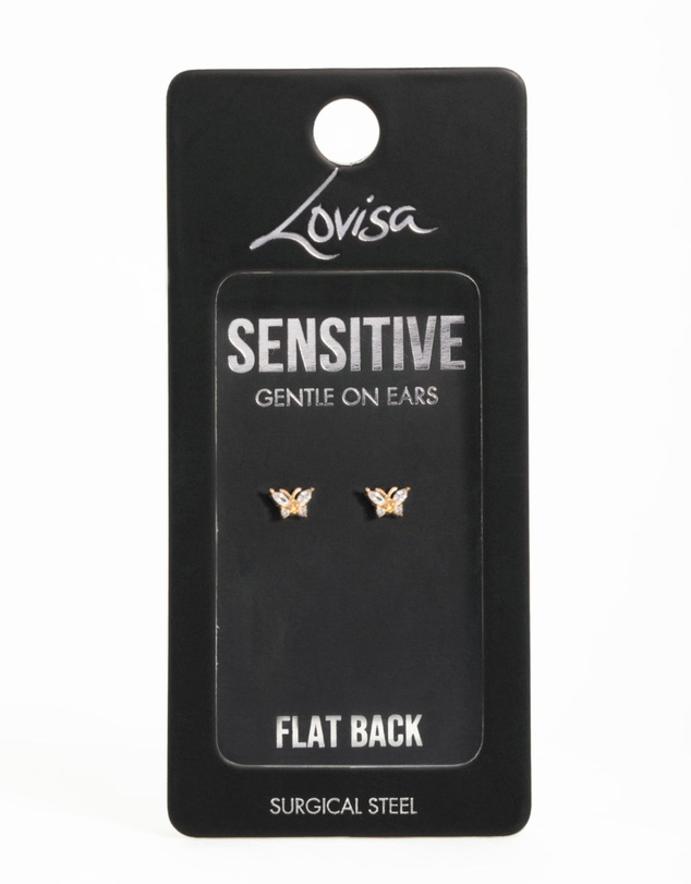 Lovisa - Gold Plated Surgical Steel Cubic Zirconia Butterfly Flat Back Earrings