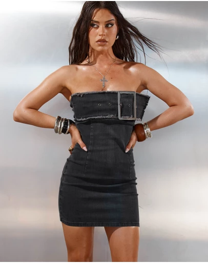 Beginning Boutique - Jengi Black Washed Denim Buckle Strapless Mini Dress