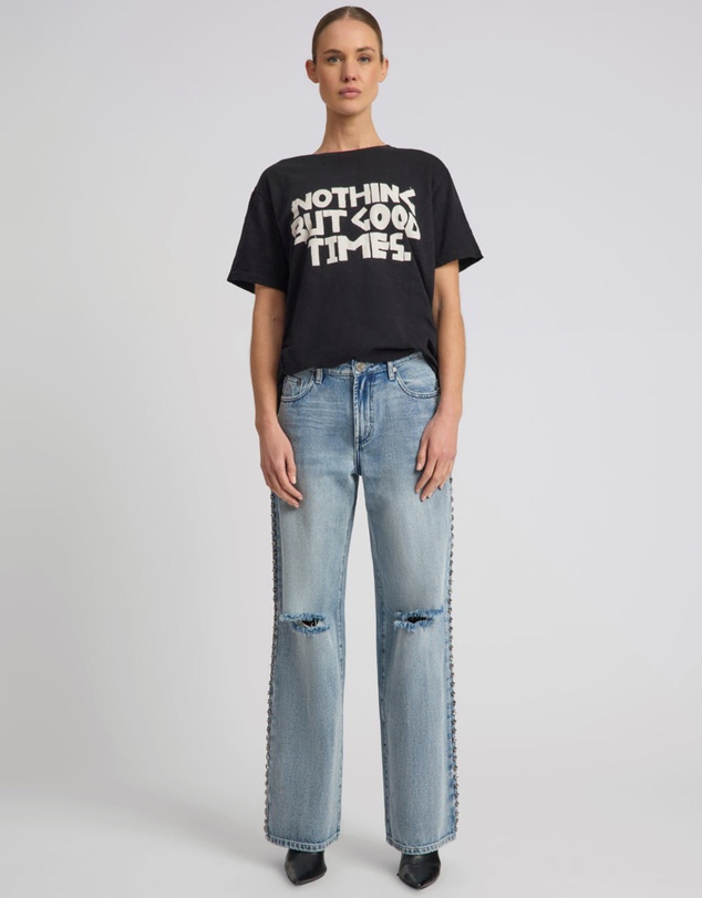 ONE TEASPOON - 25th Anniversary Jackson Mid Waist Wide Leg Studded Denim Jeans - Salty Dog