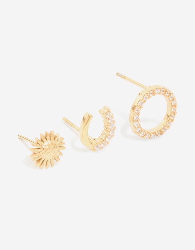 Lovisa - Waterproof Gold Plated Stainless Steel Mixed Motif Stud Earrings 3-Pack