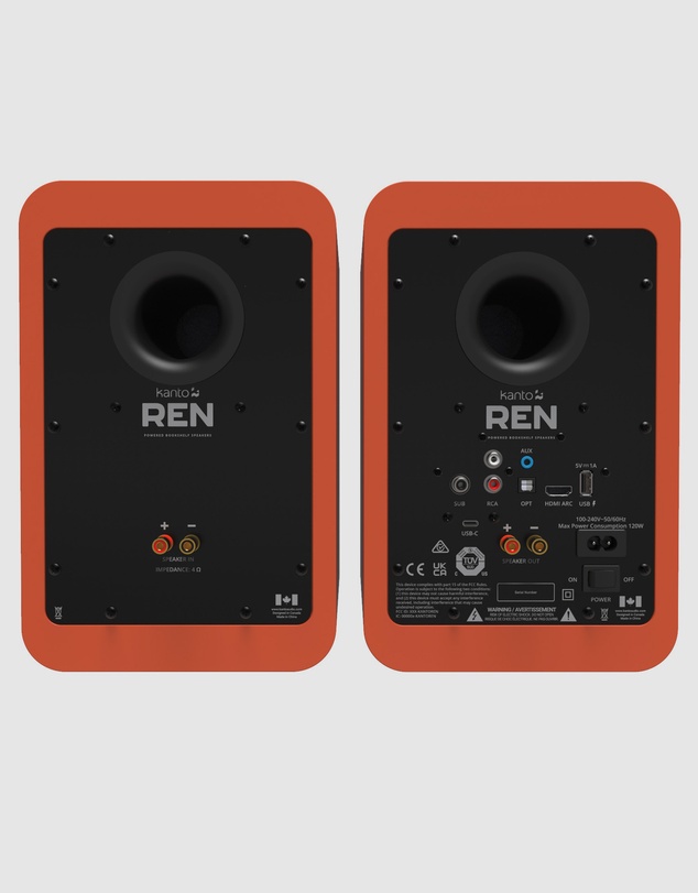 iWorld - Kanto REN 200W Powered Bookshelf Speakers with HDMI ARC, USB-C, and Bluetooth 5.3 - Matte Orange, Pair
