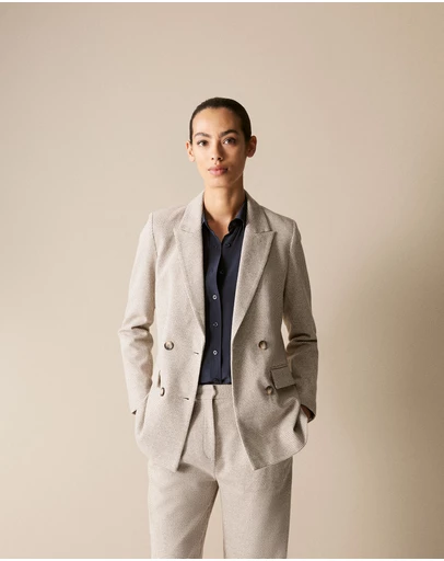 Trenery - Cotton Blend Puppytooth Ponte Blazer in Natural Marle