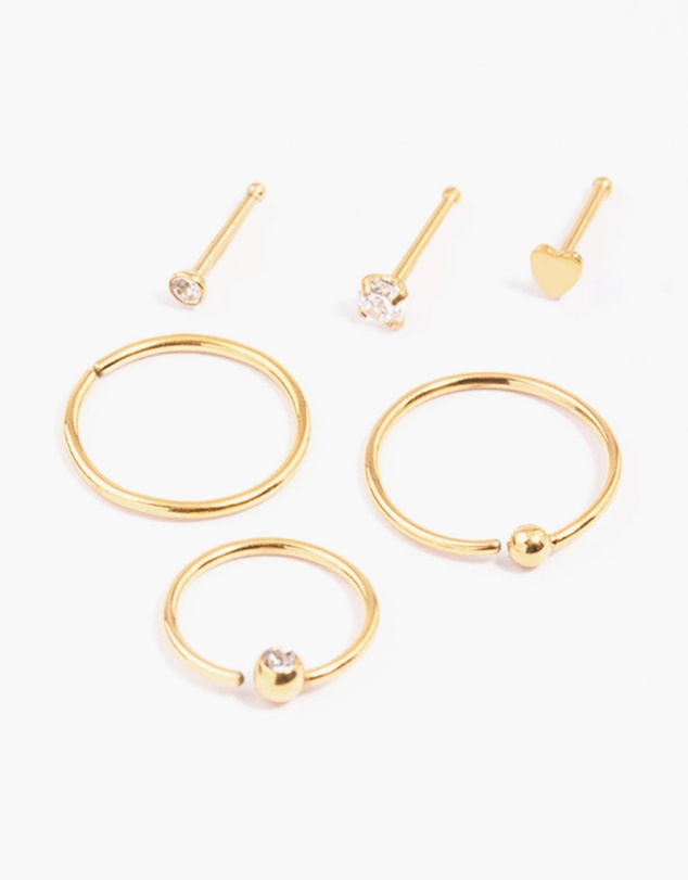 Lovisa - Gold Plated Surgical Steel Bone & Ball Nose Ring 6-Pack