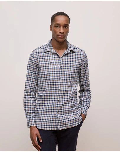 Trenery - Brushed Cotton Multi Check Shirt in Steel Blue