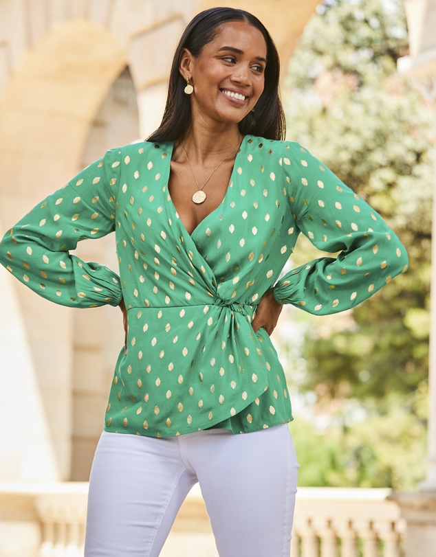 Sosandar - Metallic Fleck Print Blouson Sleeve Knot Front Top