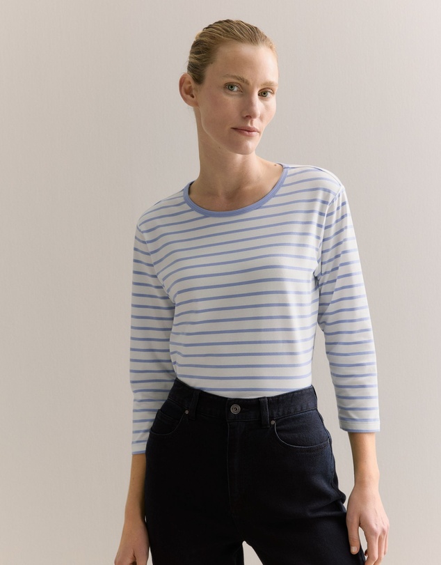Trenery - Cotton Stripe 3/4 Sleeve T-shirt in Cornflower Blue