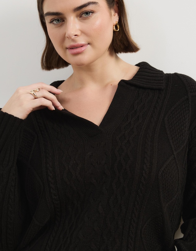 Atmos&Here Curvy - Faye Cable Knit Pullover With Collar