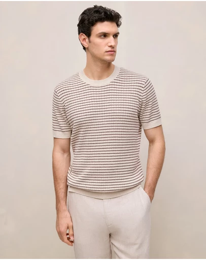 Trenery - Linen Cotton Rib Stripe Knit T-shirt in Flax
