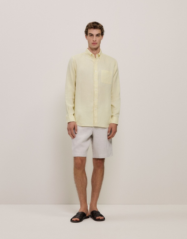 Trenery - Regular Fit Linen Classic Long Sleeve Shirt in Lemonade