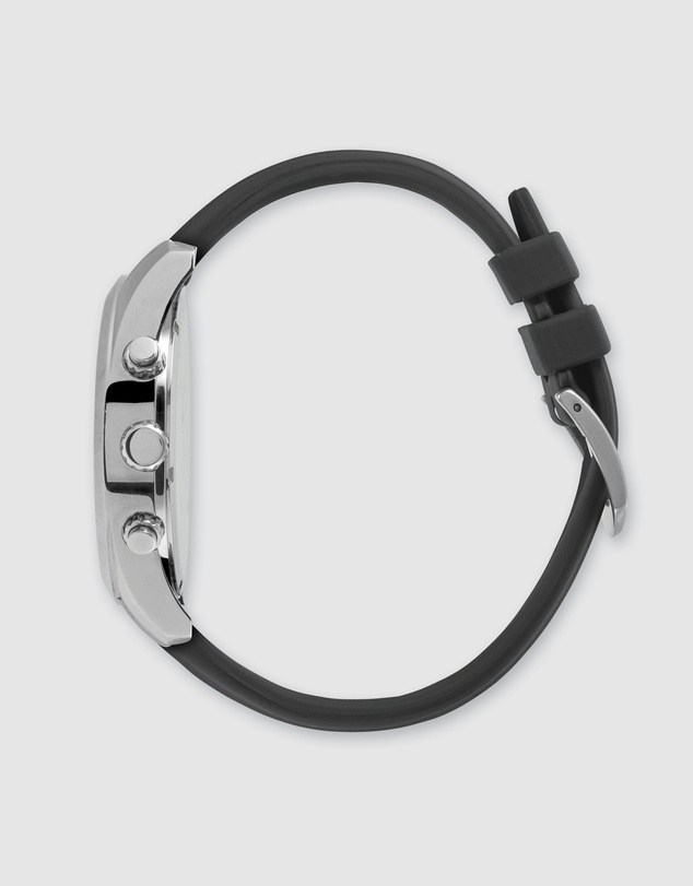 Maxum - Lansdowne Multifunction Chrono Silver Tone Case, Black Dial & Black Silicone Band