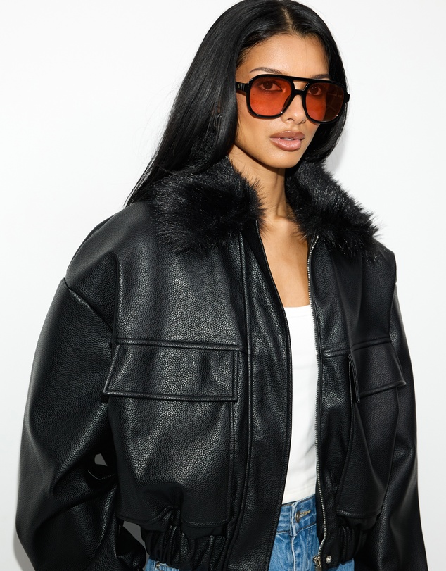 Dazie - Harley PU Bomber With Detachable Faux Fur Collar