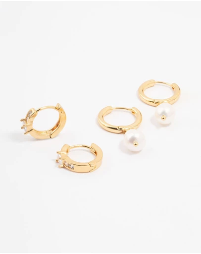 Lovisa - Gold Plated Cubic Zirconia & Freshwater Pearl Huggie Earrings 2-Pack