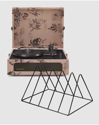 Crosley - Crosley Voyager Bluetooth Portable Turntable - Floral + Gadhouse Vinyl Rack Bundle - Black