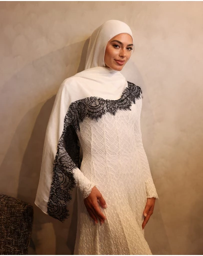 Mod Squad - Lace trim modal hijab - Snow with Midnight trim