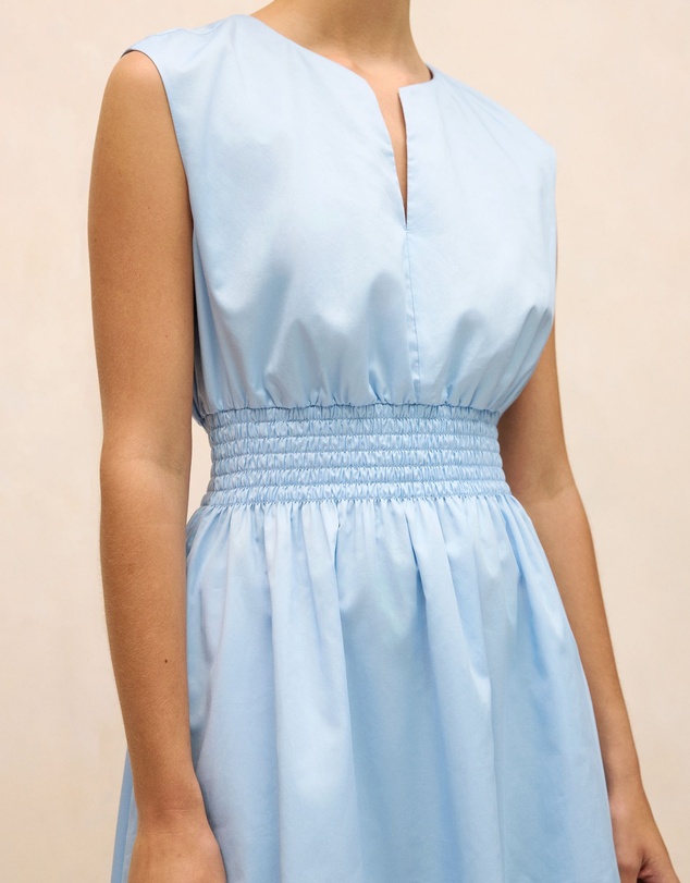 Trenery - Cotton Sateen Shirred Waist Dress in Blue Marble