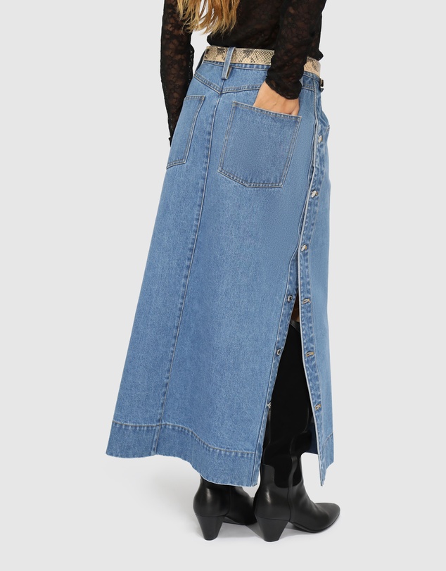 Belle & Bloom - Edge Line Denim Maxi Skirt with Side Buttons