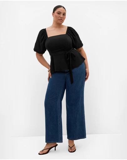 City Chic - Plus size Collins Puff Sleeve Tie Waist Top - black