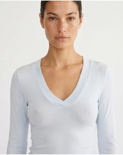 Style Addict - Margaux Deep V Henley Top - Baby Blue