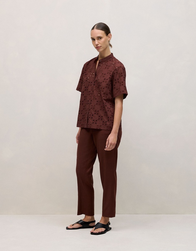 Trenery - Cotton Geo Cutwork Short Sleeve Shirt in Espresso