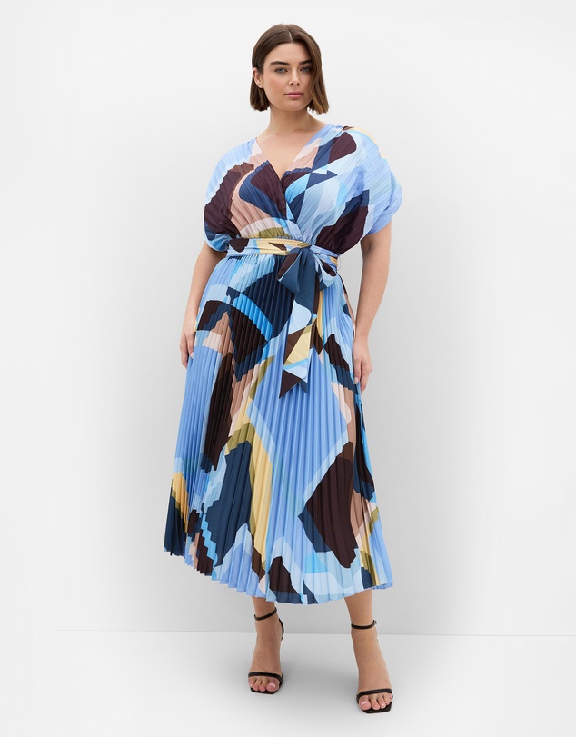 City Chic - Plus size Hailey Geo Abstract Print Pleat Dress - blue