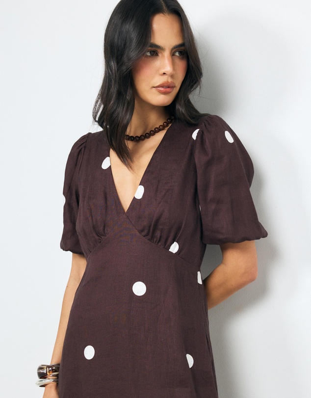 AERE - Tia Polka Dot Linen Midi Dress