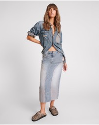 ONE TEASPOON - Cassidy Mid Waist Long Denim Column Denim Skirt - Dirty Blue