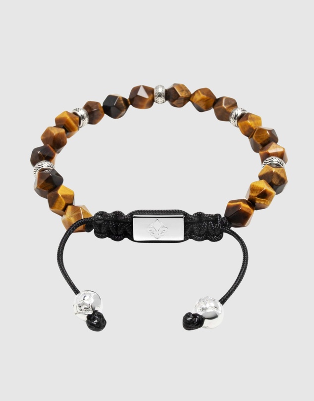 Nialaya Jewellery - Men's Sterling Silver Faceted Beaded Bracelet with Brown Tiger Eye