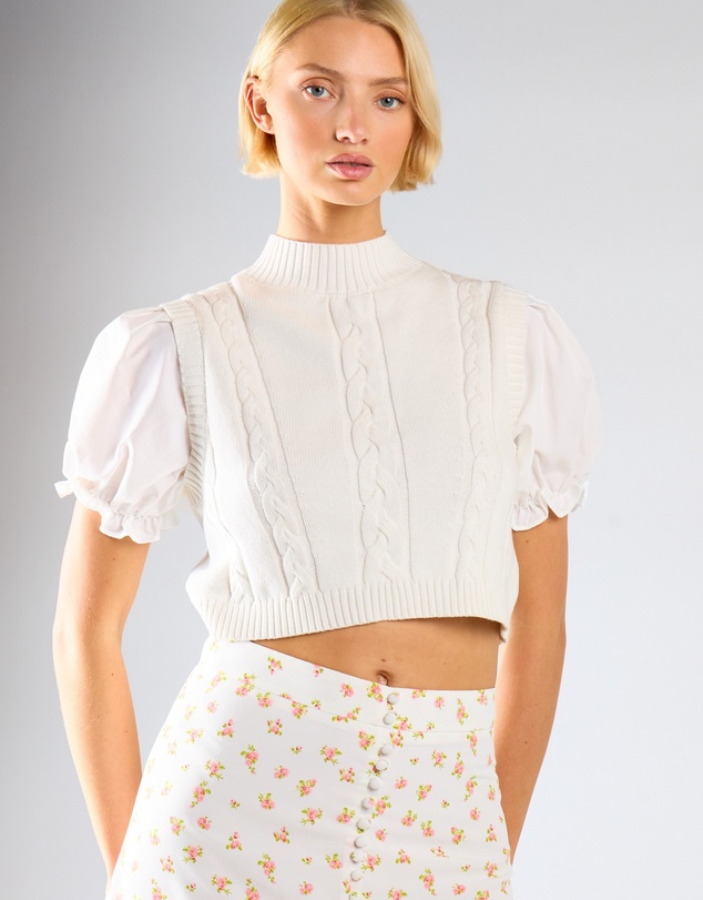 Glamorous - Contrast Puff Sleeves Cropped Knitted Top