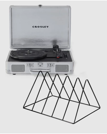 Crosley - Crosley Cruiser Bluetooth Portable Turntable - Silver + Gadhouse Vinyl Rack Bundle - Black