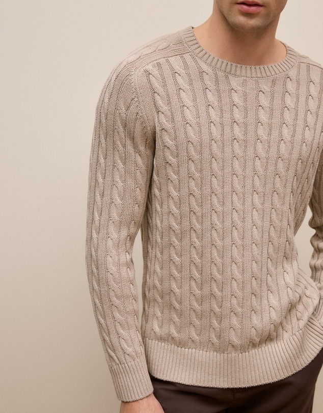 Trenery - Linen Cotton Cable Crew in Stone