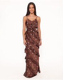 Petal & Pup - Ciao Ruffles Maxi Satin Dress - Brown Polka Dot