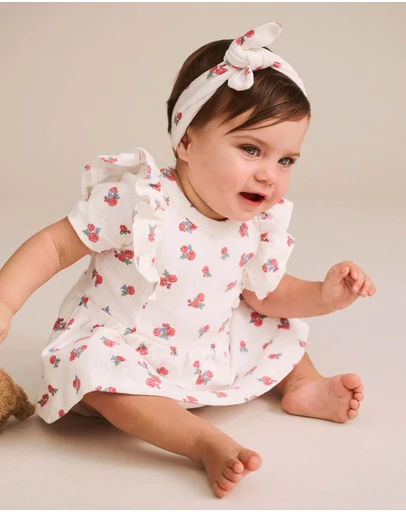Huxbaby - Floral Pointelle Sleeveless Dress Romper and Headband - Babies