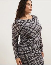 Atmos&Here Curvy - Ada Check Printed Mesh Long Sleeve Dress