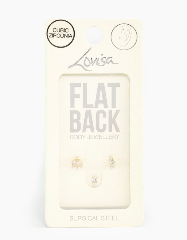Lovisa - Gold Plated Surgical Steel Double Cubic Zirconia Flat Backs 3-Pack
