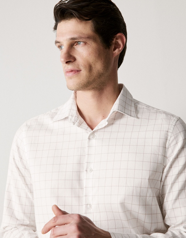 Trenery - Tailored Fit Cotton Twill Window Pane Check Shirt in White