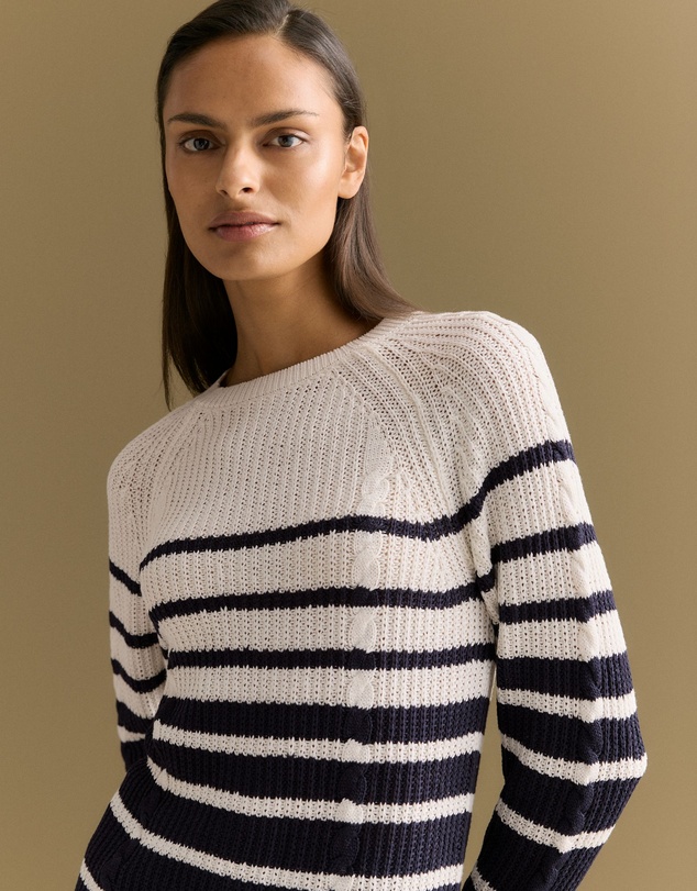 Trenery - Mercerised Cotton Striped Cable Knit in Night Sky